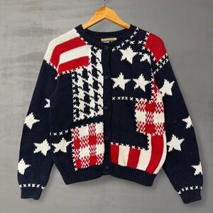 Vintage USA Flag Cardigan Blue Red White Stars Stripes Knit 80s Sweater Small